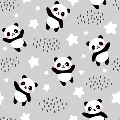 Panda Seamless Pattern Background, Happy cute panda flying in the sky between clouds and star, Cartoon Panda Bears Vector illustration for kids forest background with rain dots