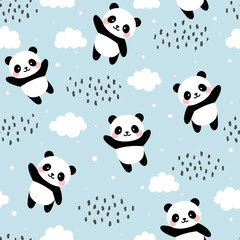 Panda Seamless Pattern Background, Happy cute panda flying in the sky between clouds and star, Cartoon Panda Bears Vector illustration for kids forest background with rain dots - 282405257