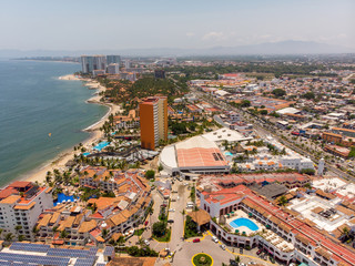 Naklejka premium Aerial photos of the beautiful town of Puerto Vallarta in Mexico, the town is on the Pacific coast in the state known as Jalisco