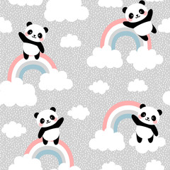 Panda Seamless Pattern Background, Happy cute panda flying in the sky between clouds and star, Cartoon Panda Bears Vector illustration for kids forest background with rain dots