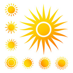 Colorful vector sun icons isolated on white background. Illustration sun summer collection, yellow sunlight