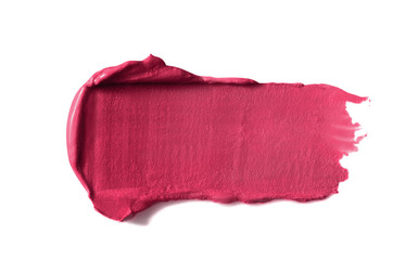 Lipstick stroke, smear, smudge. Pink makeup, cosmetic product swatch, sample  isolated on white background.