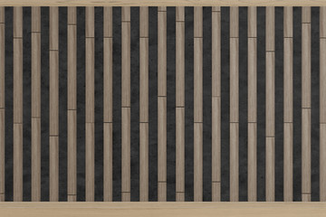 wooden slats on black concrete texture background, space for text, 3d rendering