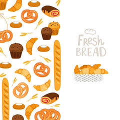 Bakery banner template. Vector pastry, fresh bread, muffins illustration. Fresh bakery and bread, cake and croissant, breakfast and cupcake