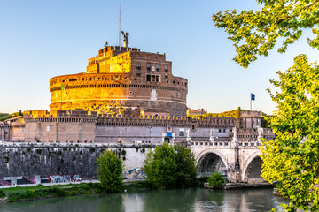 Castel Sant Angelo, or Mausoleum of Hadrian, reflected in Tiber River in Rome, Italy