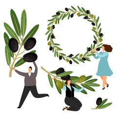 People hold olive branches and olive wreath vector collection. Illustration wreath branch olive, leaf floral tree