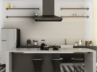 interior design of modern white and black kitchen, 3D rendering
