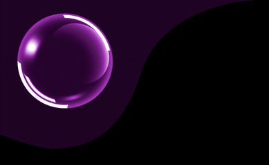 Abstract image. Frame divided by wave into black and violet textured part with light large bubble in gray part.