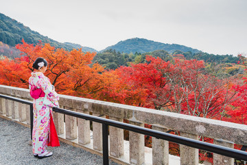 Asian woman wearing beautiful kimono walking and travel in the Japanese garden inside the temple...