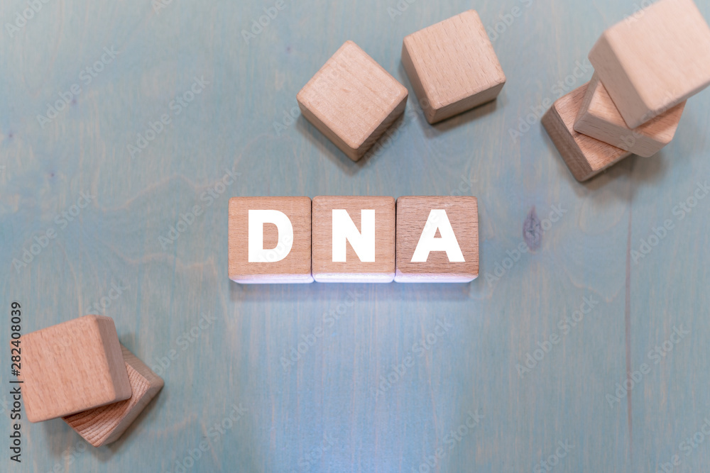 Aufkleber code molecules dna sequence chromosome structure mesh on wooden cubes. genetic engineering. science 