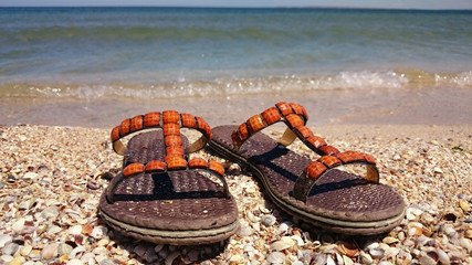 Sandals on the shell shore. In the background is the sea.