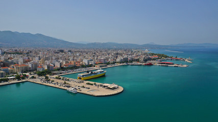 Fototapeta premium Aerial drone photo of Port and main town of Patras, Achaia, Greece