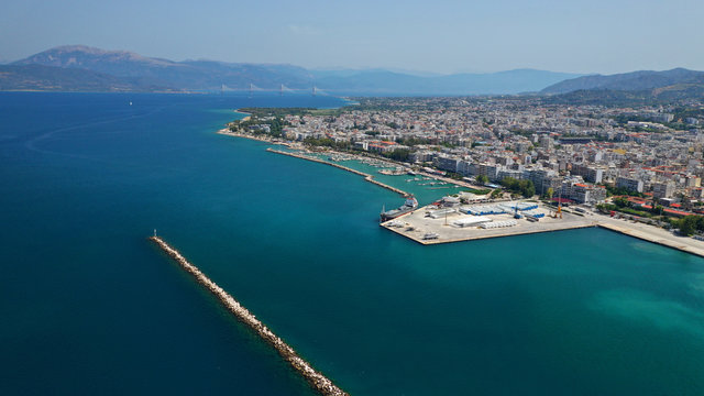 Aerial drone photo of Port and main town of Patras, Achaia, Greece