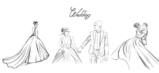Fototapeta na wymiar Wedding couple Vector line art set. Bride silhouette vintage style. Beautiful long dress . Template for design cards