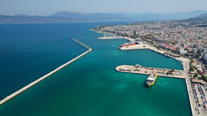 Aerial drone photo of Port and main town of Patras, Achaia, Greece