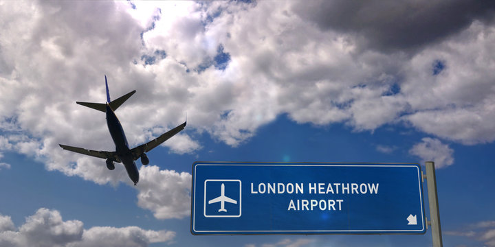 Plane Landing In London Heathrow With Signboard