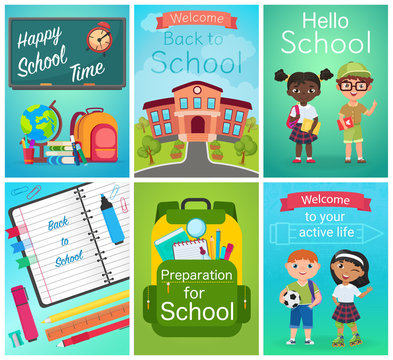 Back to School card design set, pupils kids, school supplies equipment. Education template vector illustration