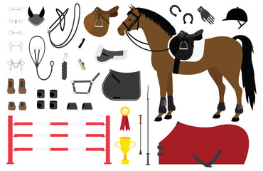 Vector flat cartoon set of horse riding equestrian sport equipment isolated on white background
