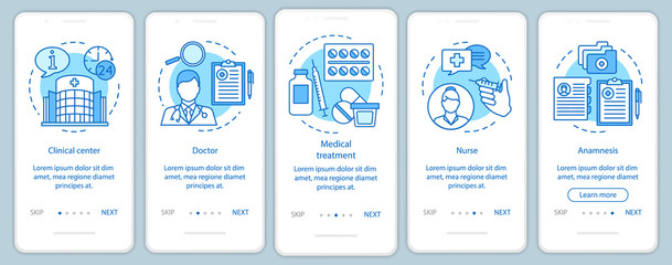 Medicine and healthcare onboarding mobile app page screen with linear concepts. Call, select, pay, receive, enjoy. Steps graphic instructions. UX, UI, GUI vector template with illustrations