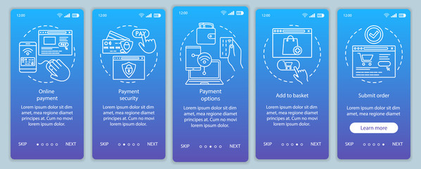 Online shopping onboarding mobile app page screen with linear concepts. Digital purchase. Internet marketing. E-commerce. Steps graphic instructions. UX, UI, GUI vector template with illustrations