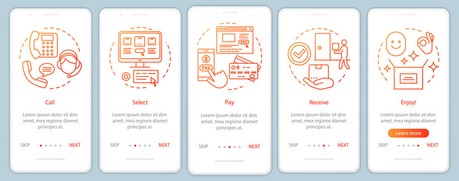 Online shopping onboarding mobile app page screen with linear concepts. Call, select, pay, receive, enjoy. Steps graphic instructions. UX, UI, GUI vector template with illustrations