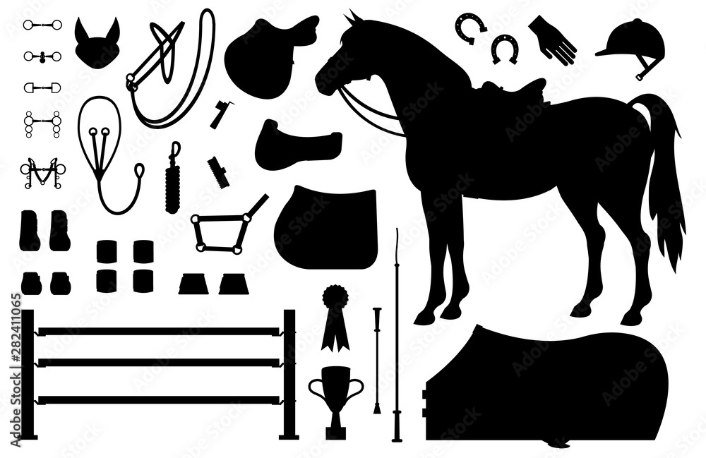 Wall mural Vector flat black set collection of horse equestrian equipment silhouette isolated on white background 