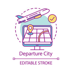Departure city concept icon. Plane flying up idea thin line illustration. Travel and journey. Departure point, route. Destination country. Vector isolated outline drawing. Editable stroke
