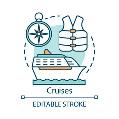 Cruises concept icon. Voyage idea thin line illustration. Ship on the ocean. Swim vest and compass. Cruise liner, summer vacation. Water transport. Vector isolated outline drawing. Editable stroke