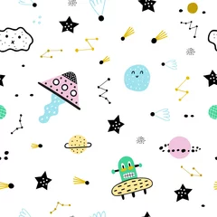 Tapeten Kindisches nahtloses Muster mit Planeten, Sternen und Ufo. Vektorillustration für Kinder. Kosmos-Tapete. © bukhavets