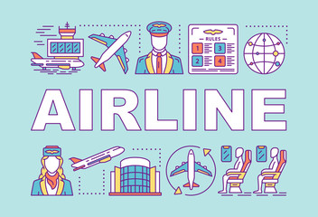 Airline word concepts banner. Airport terminal. Cabin crew, passenger. Pilot, flight attendant. Presentation, website. Isolated lettering typography idea with linear icons. Vector outline illustration