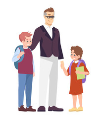 Father with schoolchildren flat vector illustration. Parent taking from school preteen son and daughter cartoon characters isolated on white background. Happy brother and sister communicating