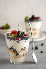 Tiramisu with berries in glasses on grey background. Italian dessert. Copy space.