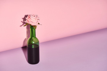 bottle with rose on bright and colorful background with copy space