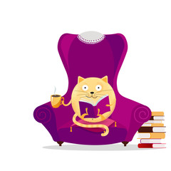 Hand drawn fantasy round cat sitting in big purple armchair and reading book. Relaxing home reading concept. Cute kitty with glasses drinking cup of tea. flat cartoon textured illustration