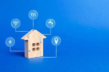 House figurine and public utilities symbols icons. Choosing a house to buy, assessing the cost and...