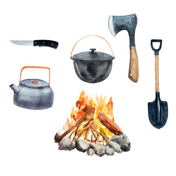 Camping Watercolor Set - Kettle, Ax, Shovel, Bonfire, Cauldron