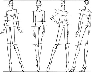 Vector set of different poses for drawing fashion illustrations. Template for sketches