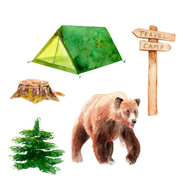 Camping Watercolor Set - Tent, Signpost, Stump, Bear, Spruce