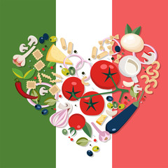 Heart shape Mediterranean products. Ingredients - tomato, olive, onion, mushroom,different types of pasta, cheese,chili,garlic. italian food against background of Italian flag Flat illustration