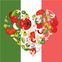 Heart shape Mediterranean food products. Ingredients - tomato, olive, onion, mushroom,pasta, cheese,chili,garlic. Italian food against background on Italian flag Flat illustration