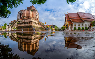Pagoda and reflection at Wat Chedi Luang Temple in Chiang mai, Thailand. No restrict in copy or use.
