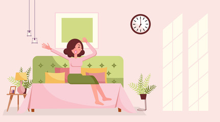 Good morning girl stretch yawn in bed. Sleepy young woman in bed yawning and stretchin. Morning bedroom interior in gentle pink tones with sunlight on the wall. Flat cartoon style illustration.