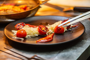 Professional food decoration in a restaurant, close-up.