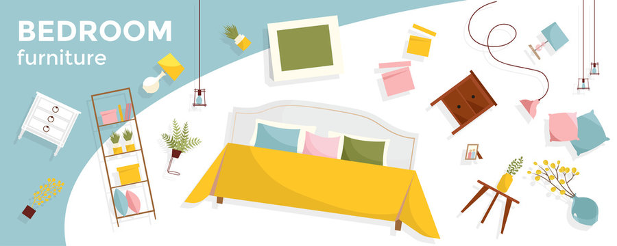 Horizontal banner with a lot of flying Bedroom furniture and text. Interior items - bed, nightstands, plants, pictures, pillows. Cozy set of floating furniture. Flat cartoon style illustration