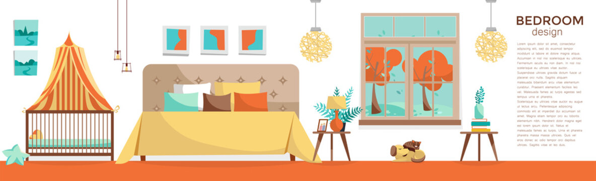 Panoramic horizontal banner with bedroom furniture: double bed, baby bed with canopy on white background. Room with bed and cot. Nursery and bedroom interior. Flat cartoon style illustration.