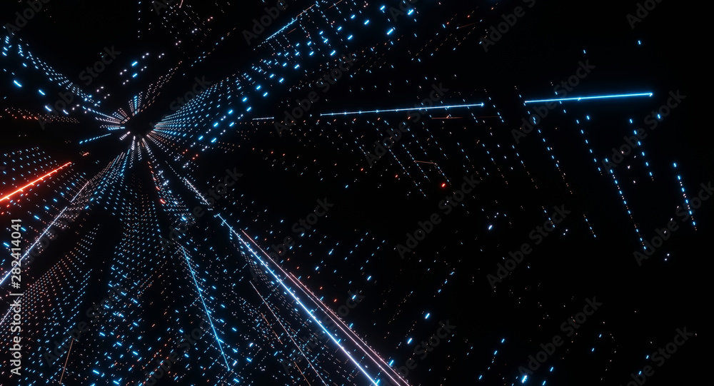  3d rendering of neon glow led dots and lines, traversing and navigating inside abstract technology b