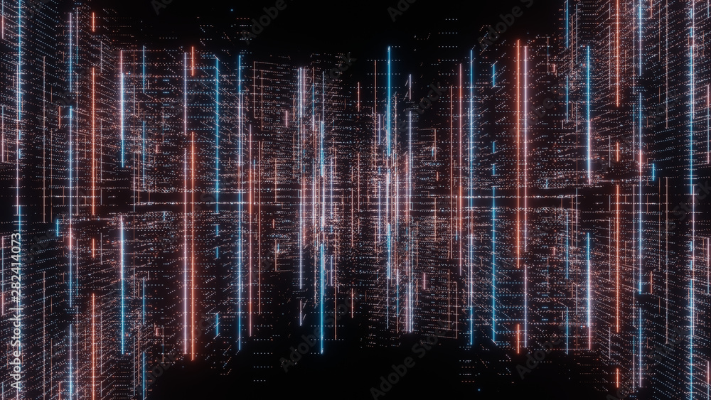 Wall mural 3D Rendering of abstract digital city concept. Buildings created from glowing colorful dots and lines. For use with deep machine learning, crypto currency, Big data visualization, Data center theme.