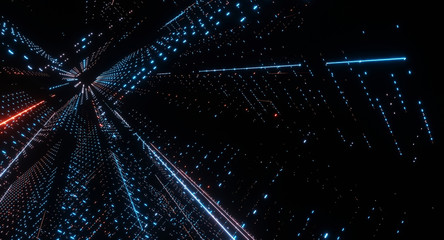 3D Rendering of neon glow led dots and lines, traversing and navigating inside abstract technology binary data. Concept of Big data, artificial intelligence, core ai, cpu processing