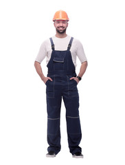 confident man in overalls . isolated on white