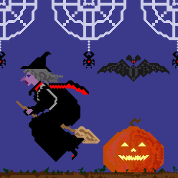 Seamless pattern with pumpkin, witch flying on a broom and a bat on a purple background in mosaic technique. Halloween concept
